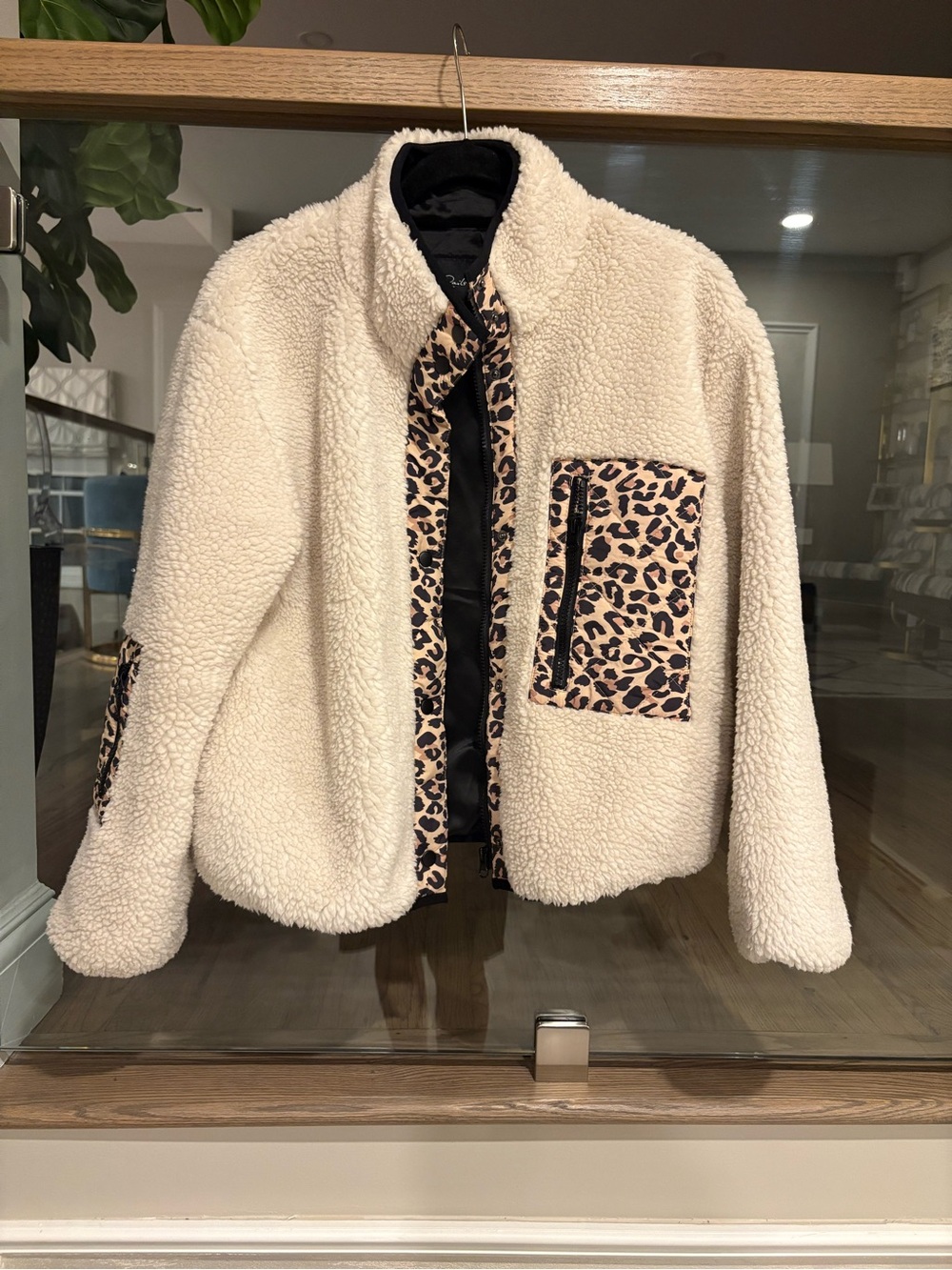 Rails Women’s Cream Sherpa Jacket with Leopard Trim